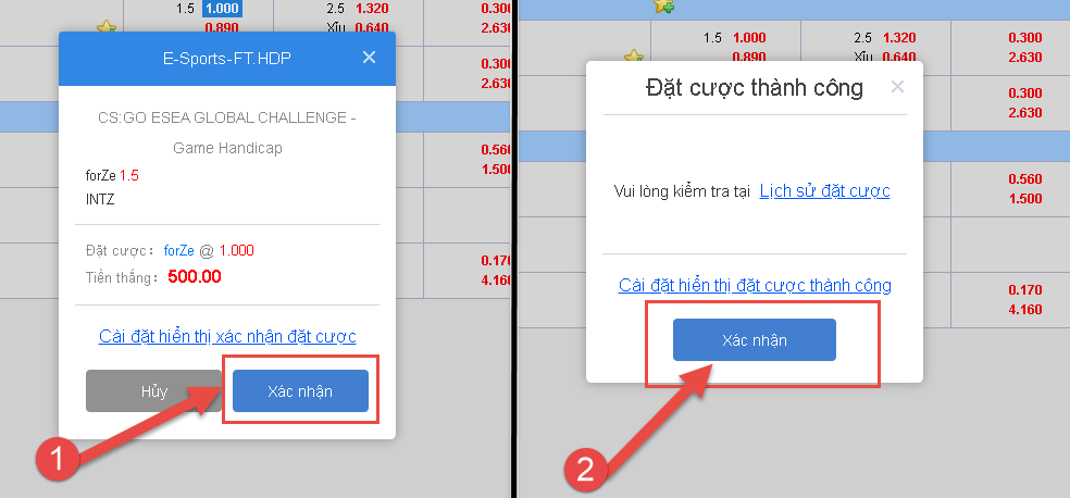 xác nhận đơn cược